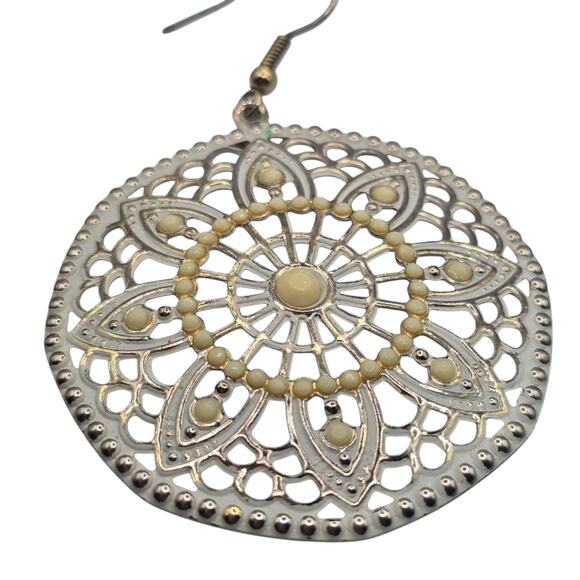 Earrings Boho Dangle Silver Tone Gold Mandala Filigree Round Drop SKU2412 - Picture 5 of 7
